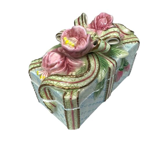 Fitz and Floyd Essentials Decorative Trinket Box Porcelain Blue w Flowers Ribbon - Picture 1 of 8